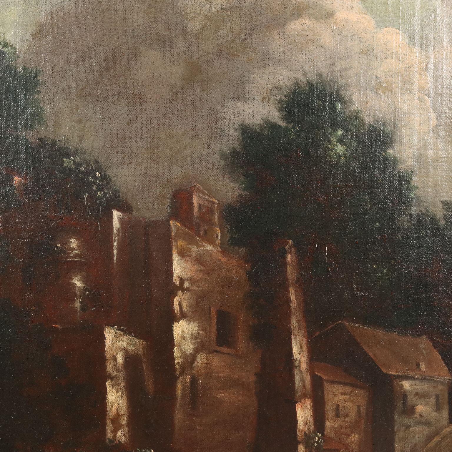 Dipinto Paesaggio con Edifici e Figure XVIII secolo en vente 3