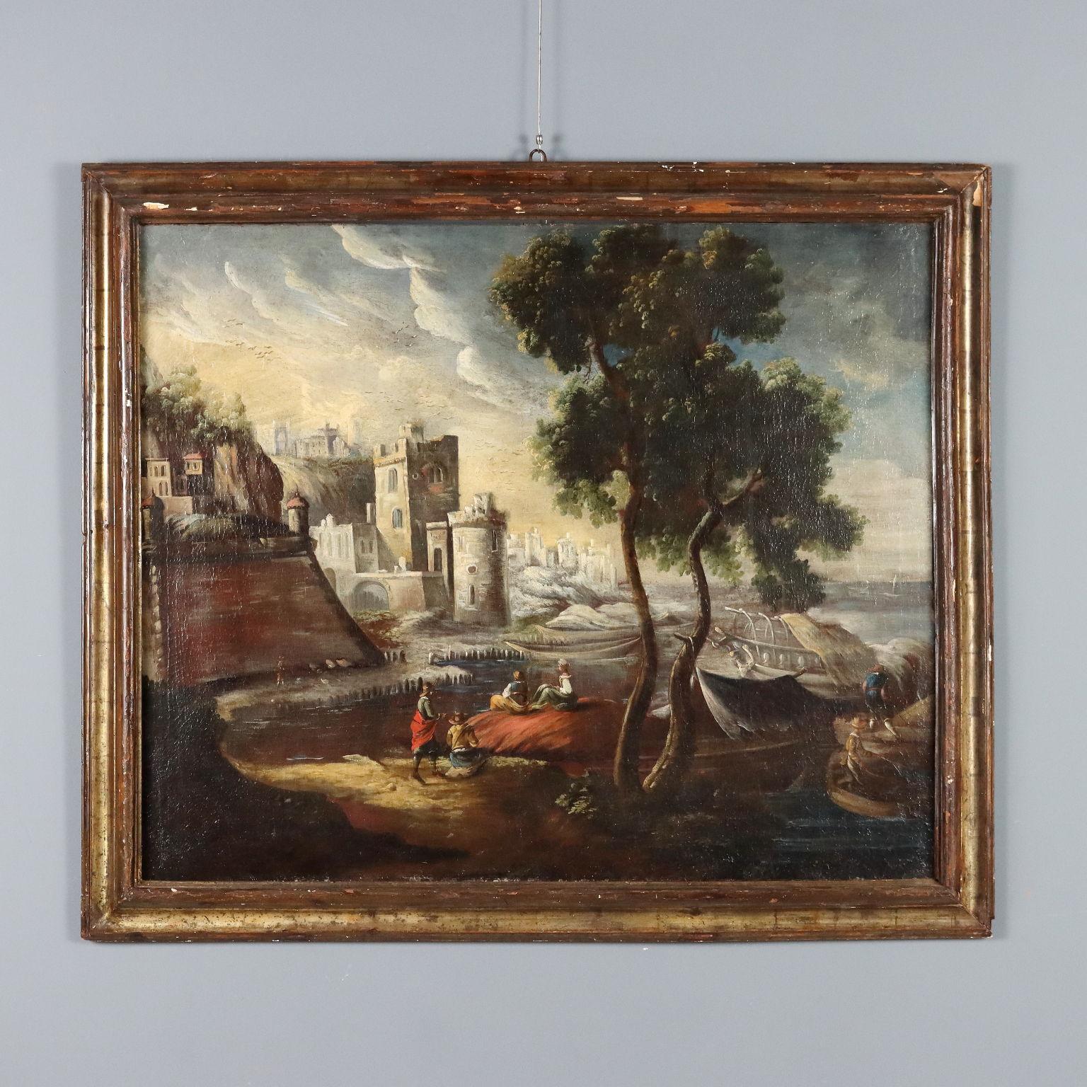 Dipinto Paesaggio con Edifici e Figure XVIII secolo