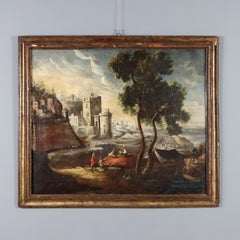 Dipinto Paesaggio con Edifici e Figure XVIII secolo
