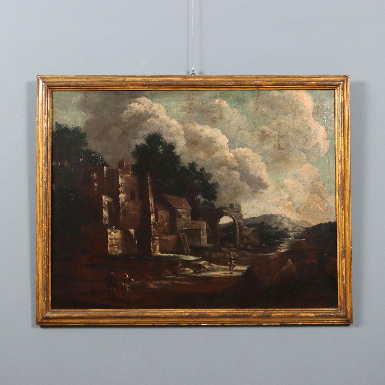 Dipinto Paesaggio con Edifici e Figure XVIII secolo