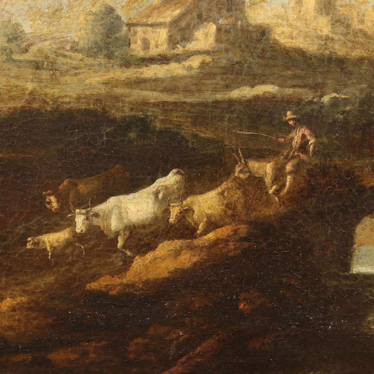 Painting Landscape with Buildings and Figures, 18th century, oil on canvas For Sale 1