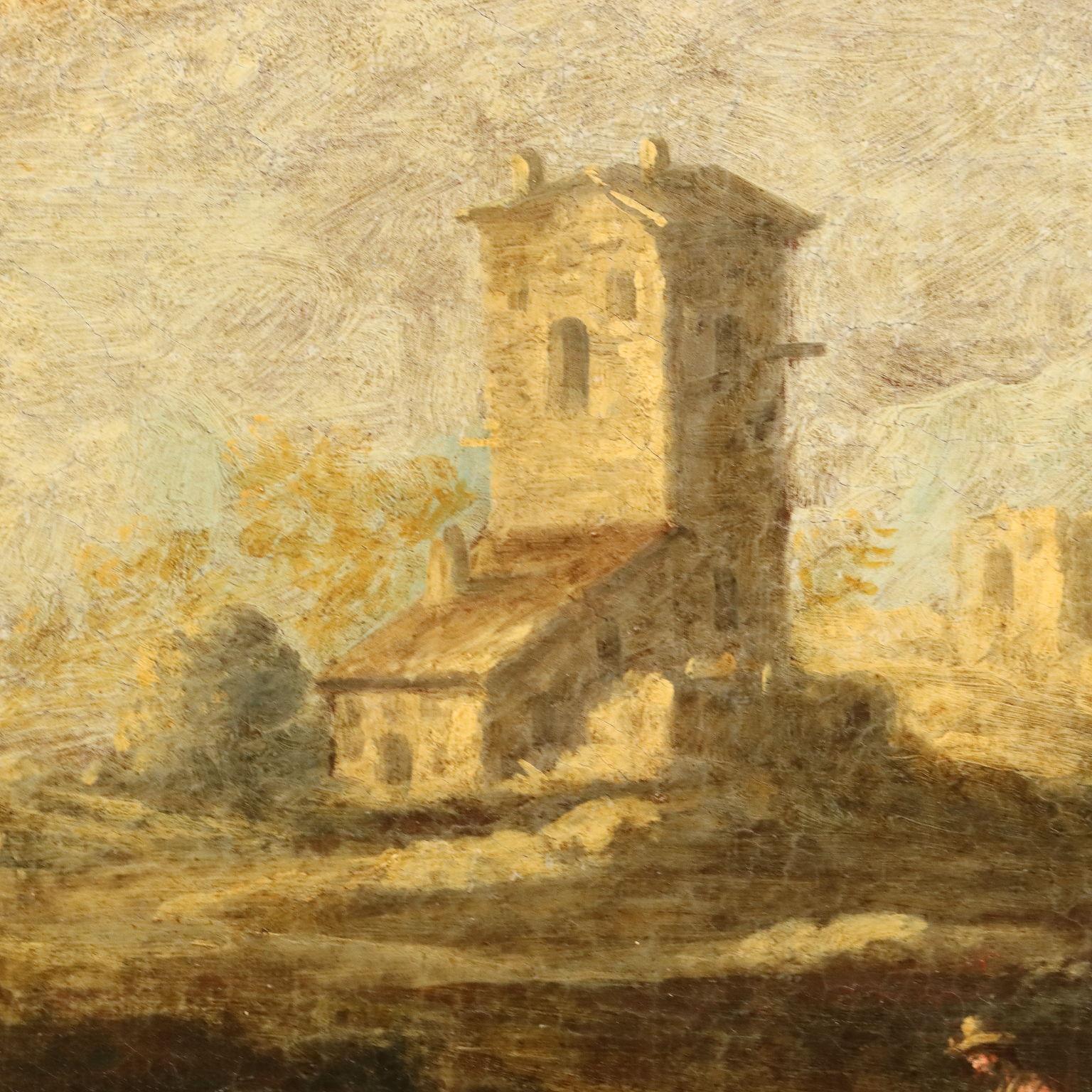 Painting Landscape with Buildings and Figures, 18th century, oil on canvas For Sale 2