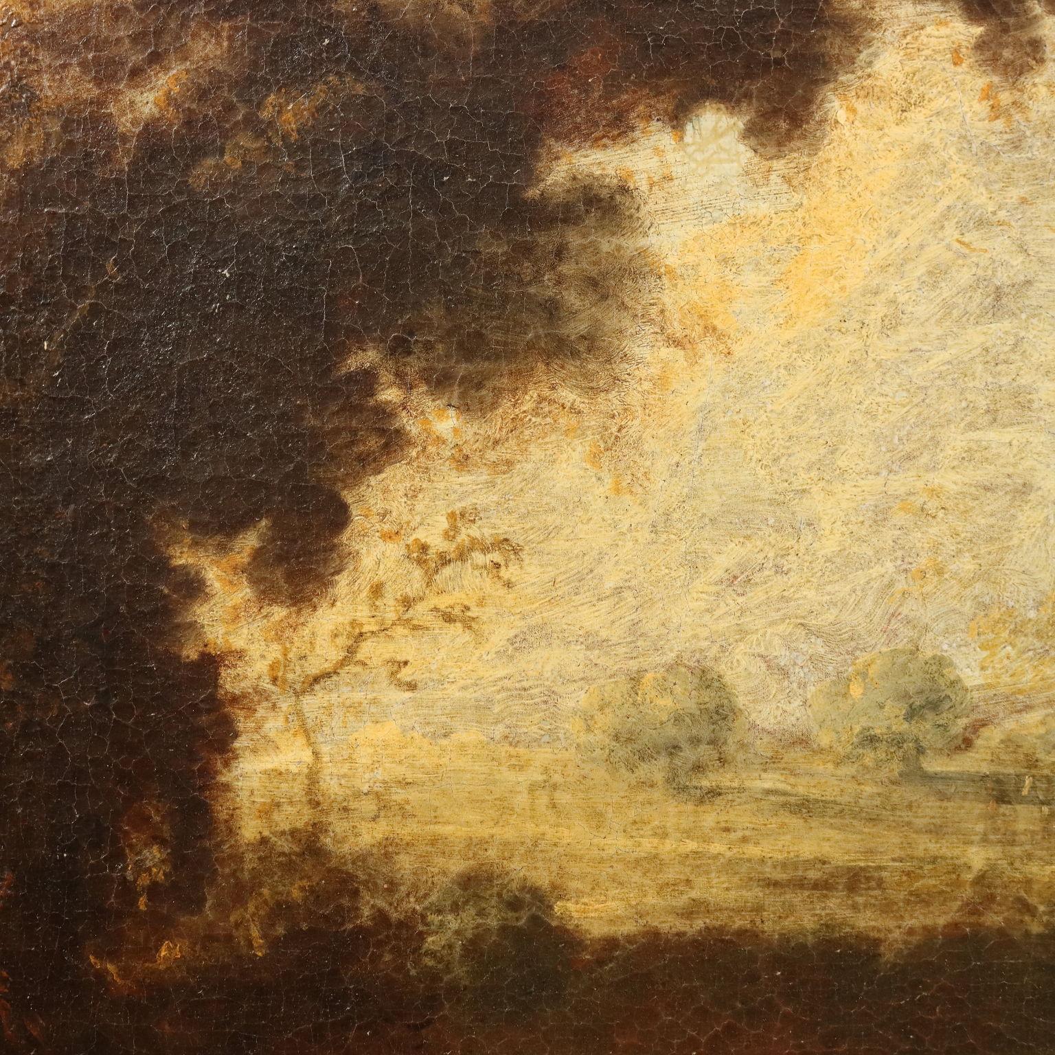 Painting Landscape with Buildings and Figures, 18th century, oil on canvas For Sale 4