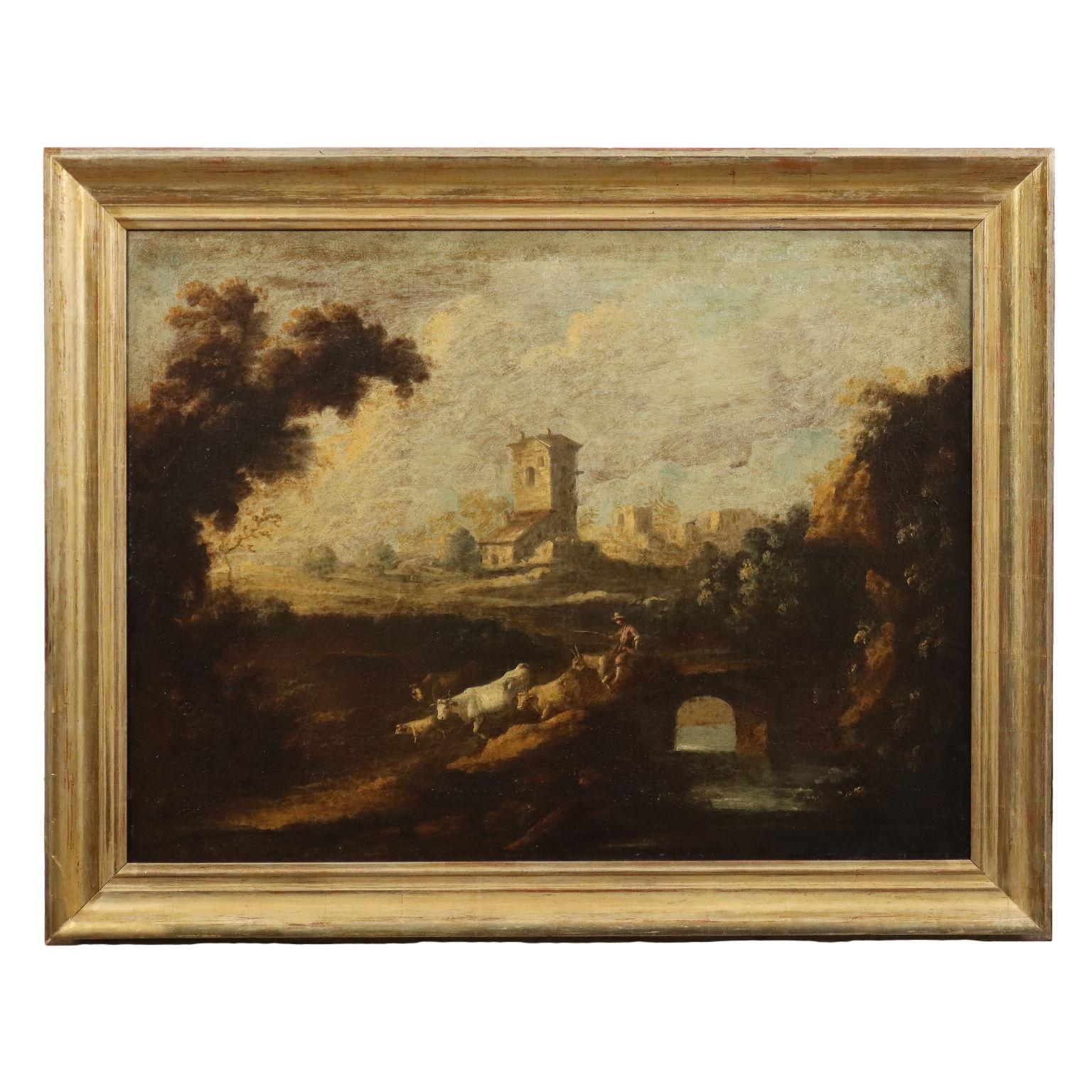 Unknown Landscape Painting - Painting Landscape with Buildings and Figures, 18th century, oil on canvas