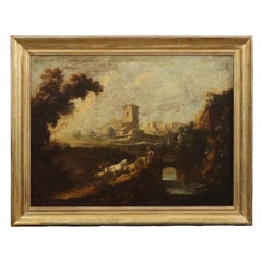 Peinture Paysage avec bâtiments et personnages, XVIIIe siècle, huile sur toile