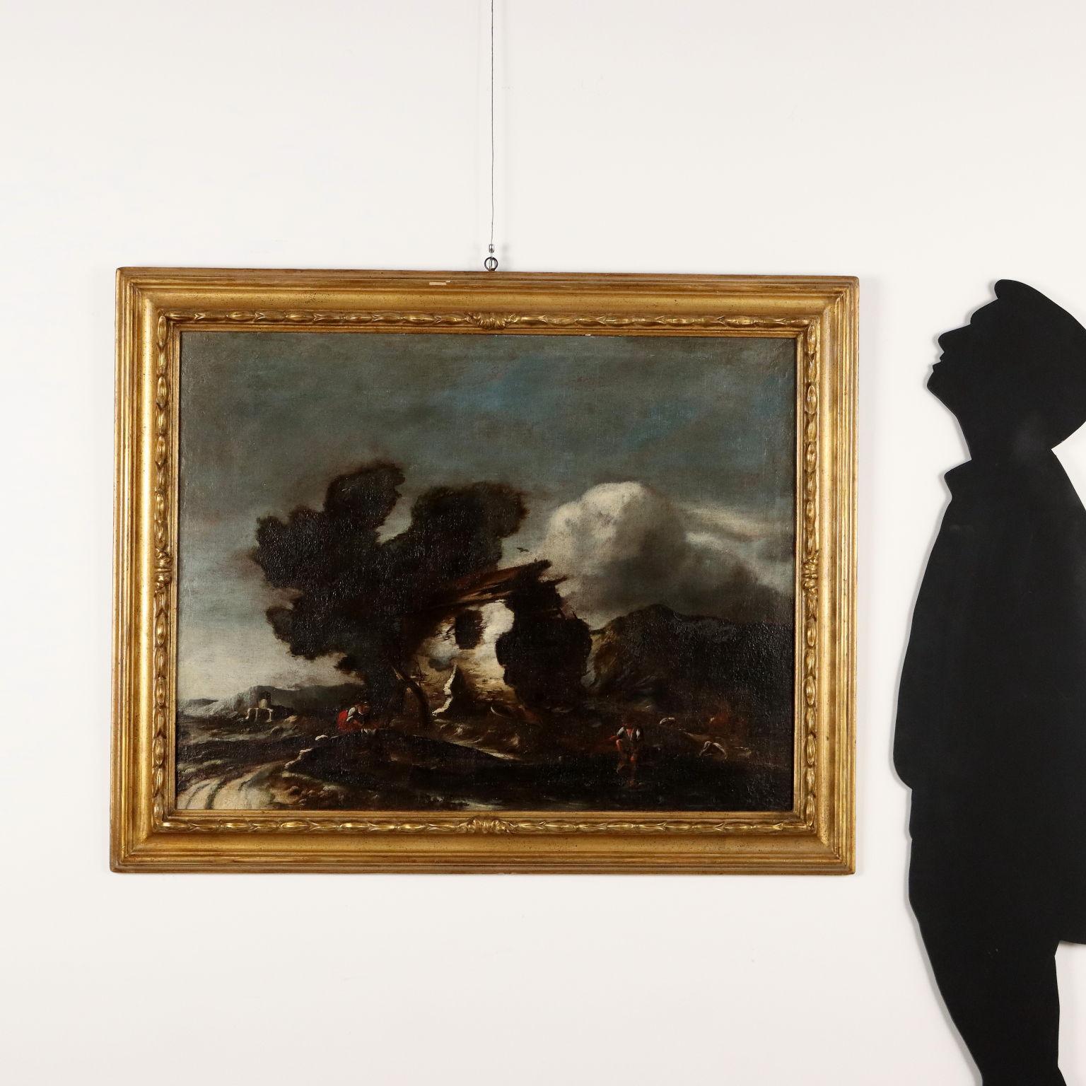 Peinture de paysage avec bâtiment et personnages 18e siècle - Painting de Unknown