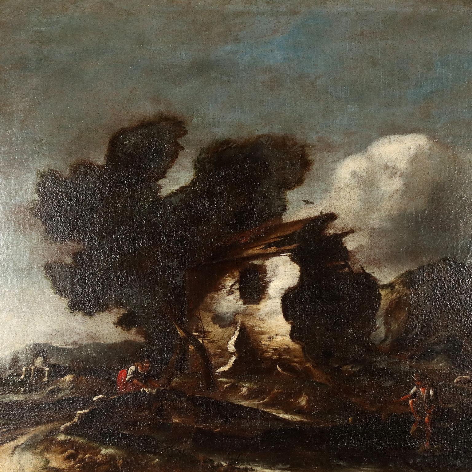 Peinture de paysage avec bâtiment et personnages 18e siècle - Autres styles artistiques Painting par Unknown