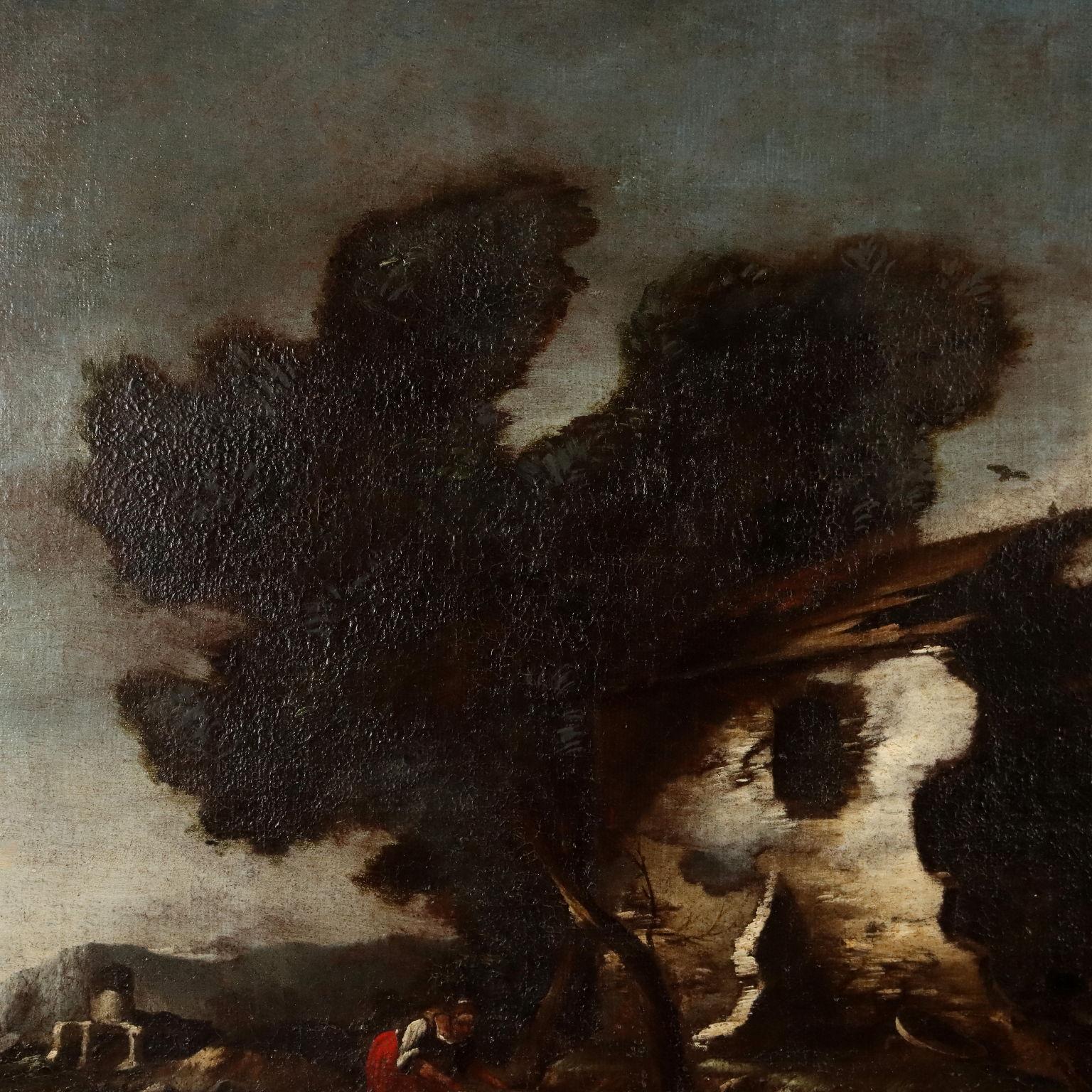 Peinture de paysage avec bâtiment et personnages 18e siècle - Marron Landscape Painting par Unknown