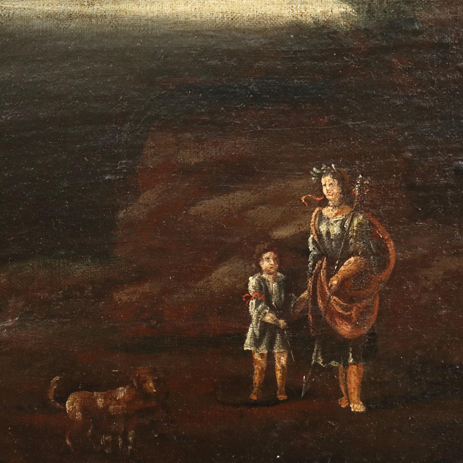 Dipinto Paesaggio con Edificio e Figure XVIII secolo (Grau), Landscape Painting, von Unknown