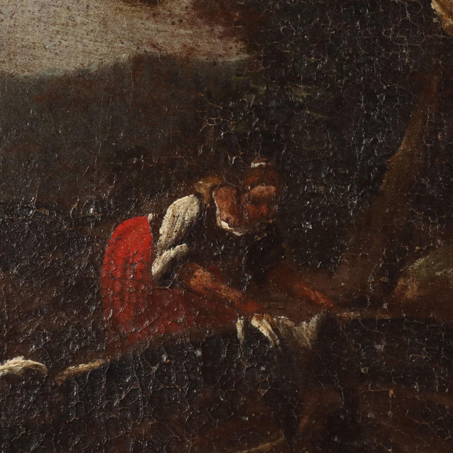 Huile sur toile. École génoise du XVIIIe siècle.
Au centre du paysage de campagne se dresse une structure délabrée, les ruines d'un bâtiment dont on aperçoit les masses de nuages blancs à l'arrière-plan à travers les murs éventrés ; devant elle