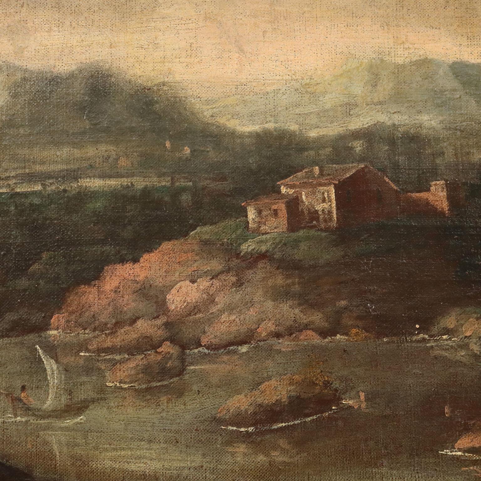 Olio su tela. 
Eine Campagna, in der eine kleine Wasserstraße verläuft, die von kleinen ländlichen Siedlungen durchzogen ist.
In primo piano transitano sul sentiero una donna con il suo bambino. 
L'opera presenta tracce di restauro pregresso e