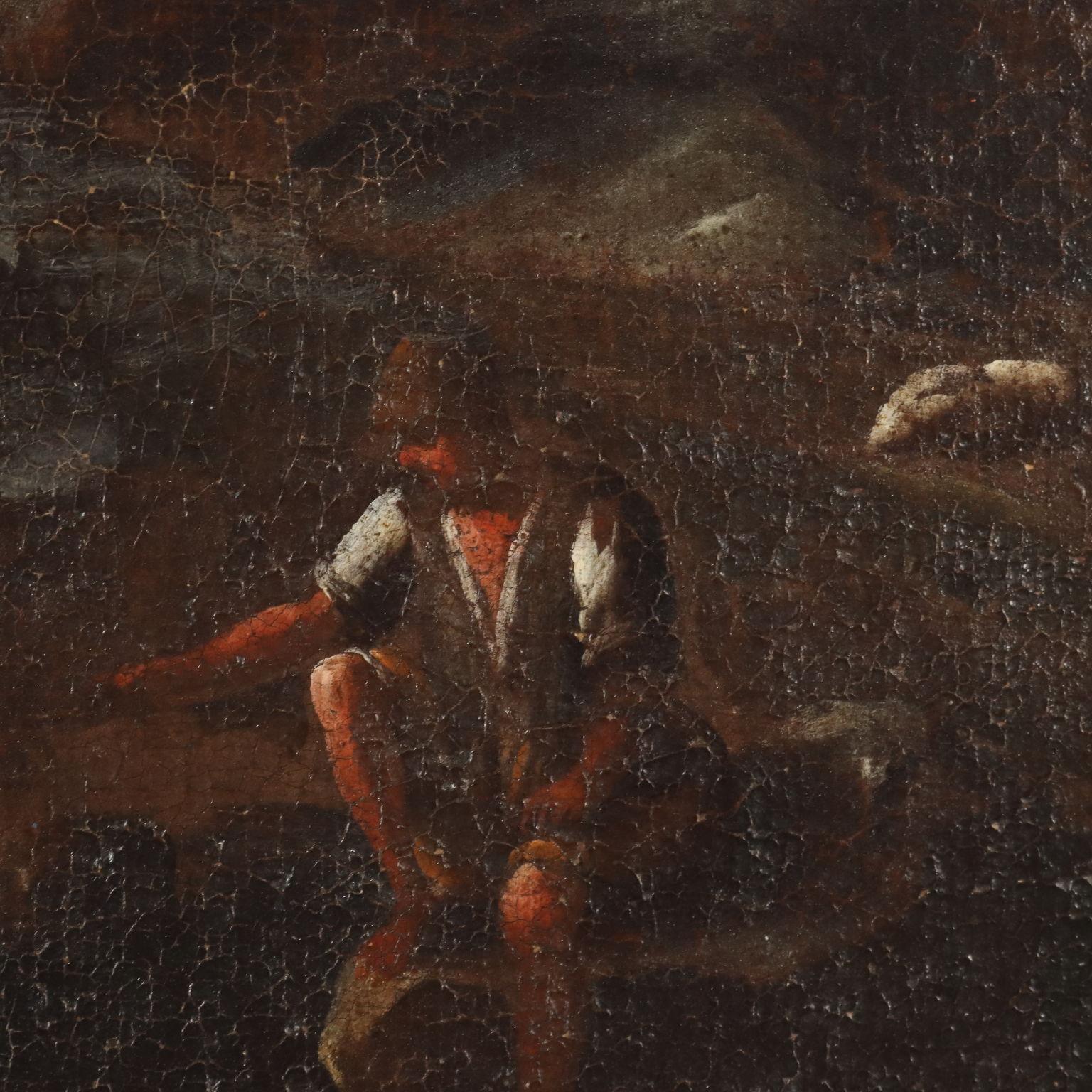 Peinture de paysage avec bâtiment et personnages 18e siècle en vente 1