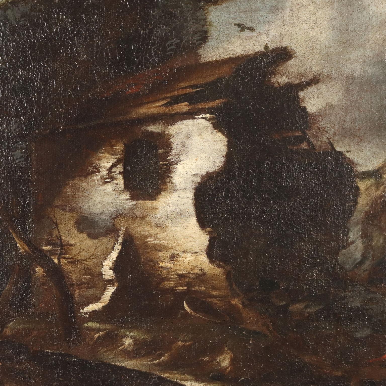Peinture de paysage avec bâtiment et personnages 18e siècle en vente 2