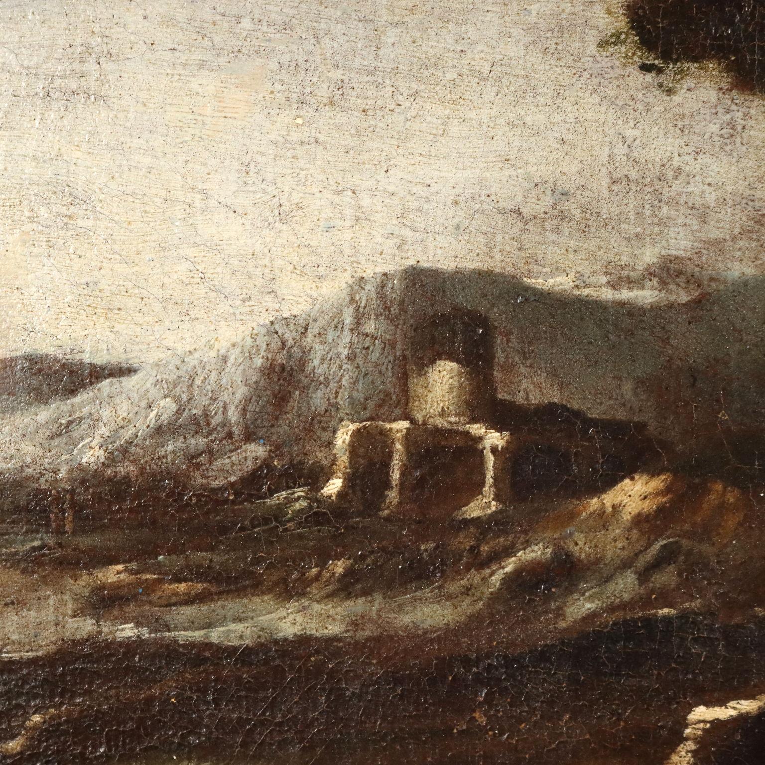 Peinture de paysage avec bâtiment et personnages 18e siècle en vente 3