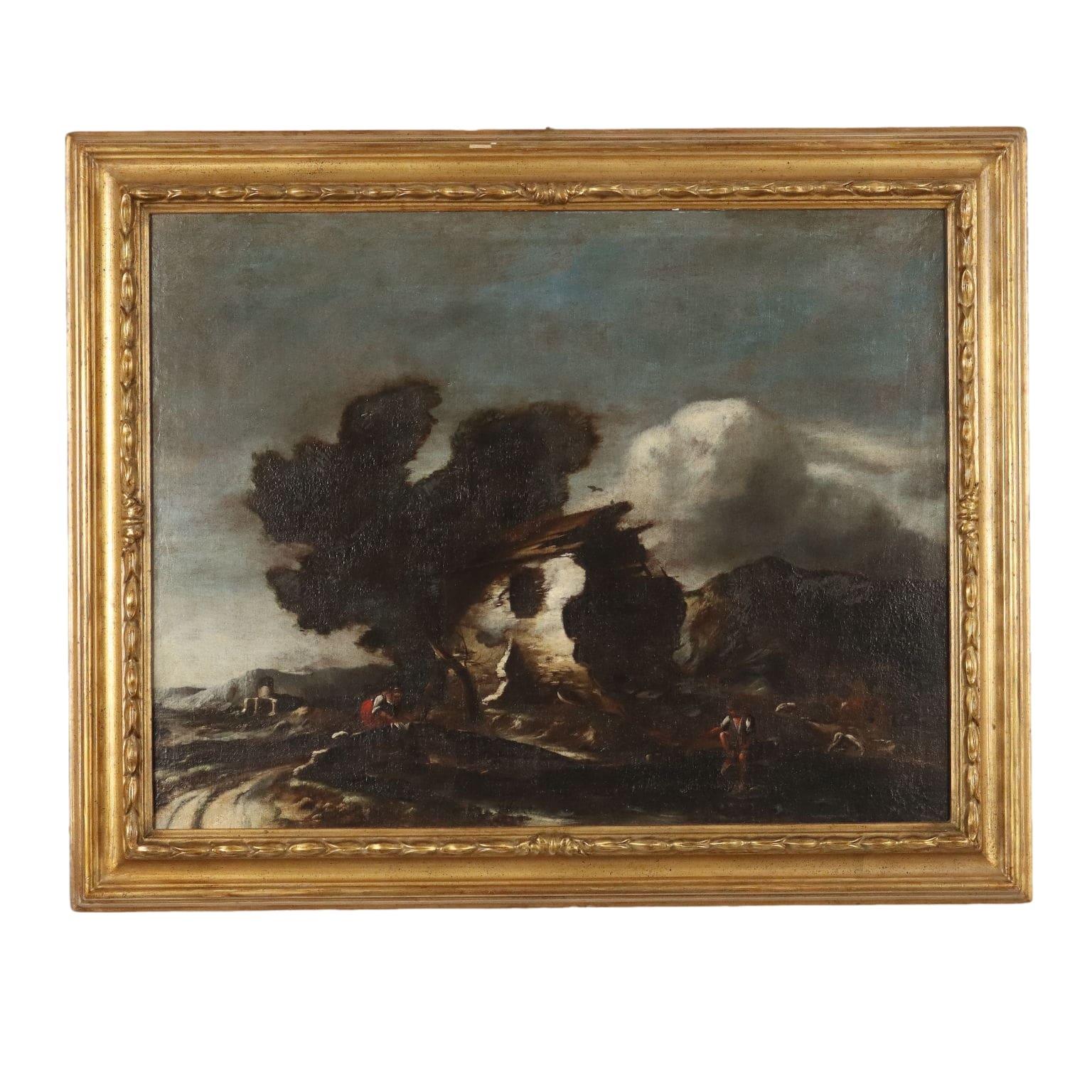 Dipinto Paesaggio con Edificio e Figure XVIII secolo
