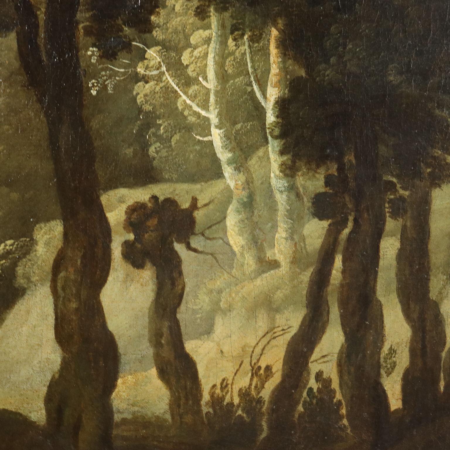 Öl auf Leinwand. 
Das große Landschaftsbild zeigt eine bewaldete Landschaft, die von einem Bach durchflossen wird, in der Nähe von Hügeln. Auf dem Pfad jenseits des Baches wandert eine kleine Gestalt eines Wanderers davon.
Auch bei den Farben
