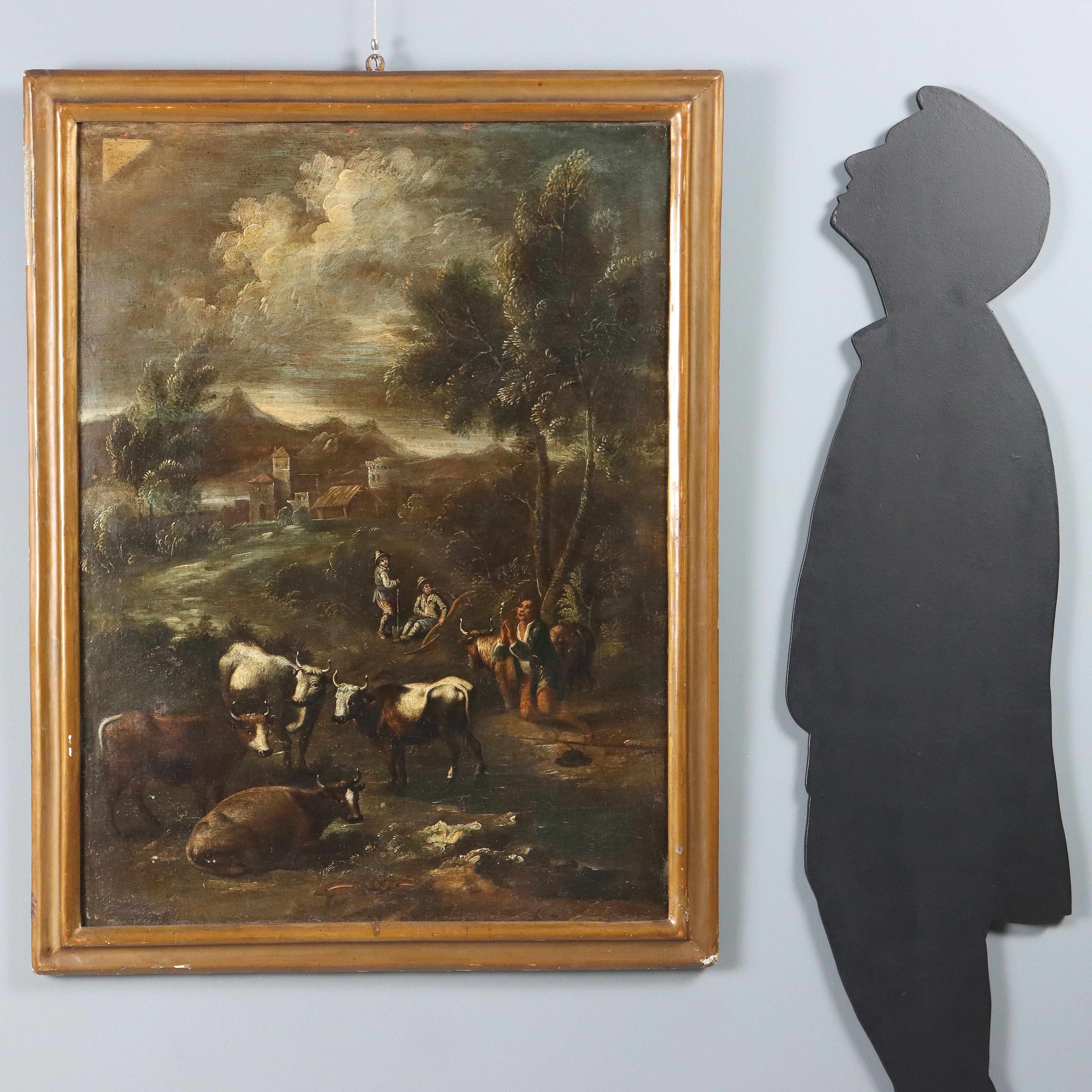 Dipinto Paesaggio con Figure e Mandria XVIII secolo - Painting di Unknown