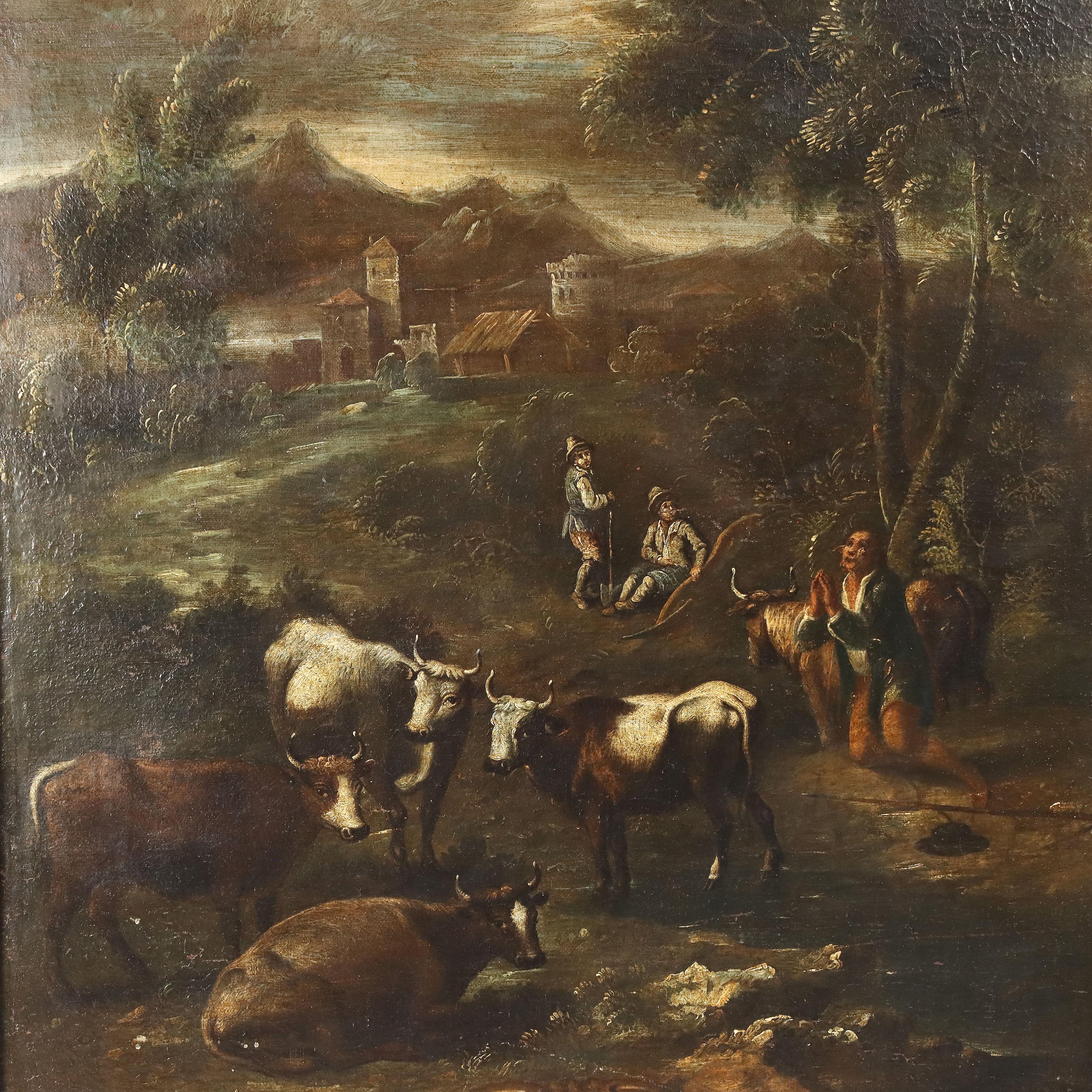 Dipinto Paesaggio con Figure e Mandria XVIII secolo - Painting Altro stile artistico di Unknown