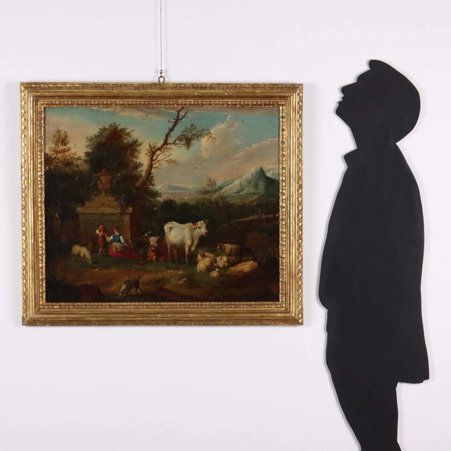 Peinture Paysage avec figures et troupeaux 18e siècle - Painting de Unknown