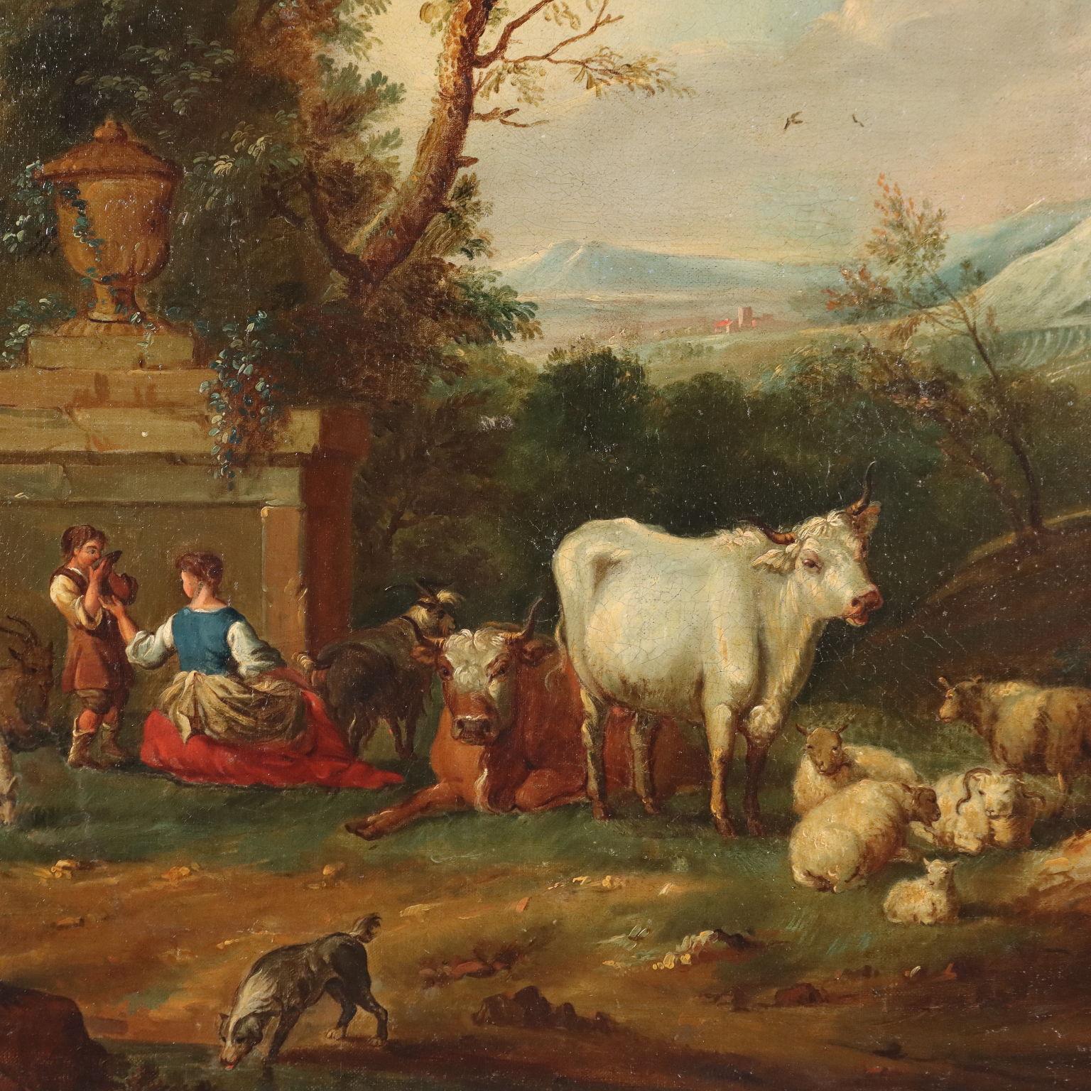 Peinture Paysage avec figures et troupeaux 18e siècle - Autres styles artistiques Painting par Unknown