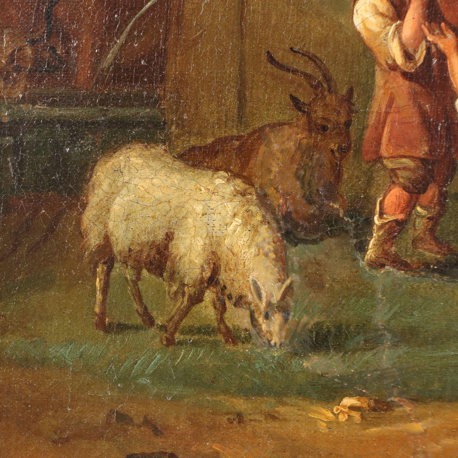 Huile sur toile. École française de la seconde moitié du XVIIIe siècle.
Bucolique est ce paysage de campagne verdoyante, s'ouvrant sur des champs bleus et des montagnes en arrière-plan.
Au premier plan, près d'une imposante fontaine constituée d'un