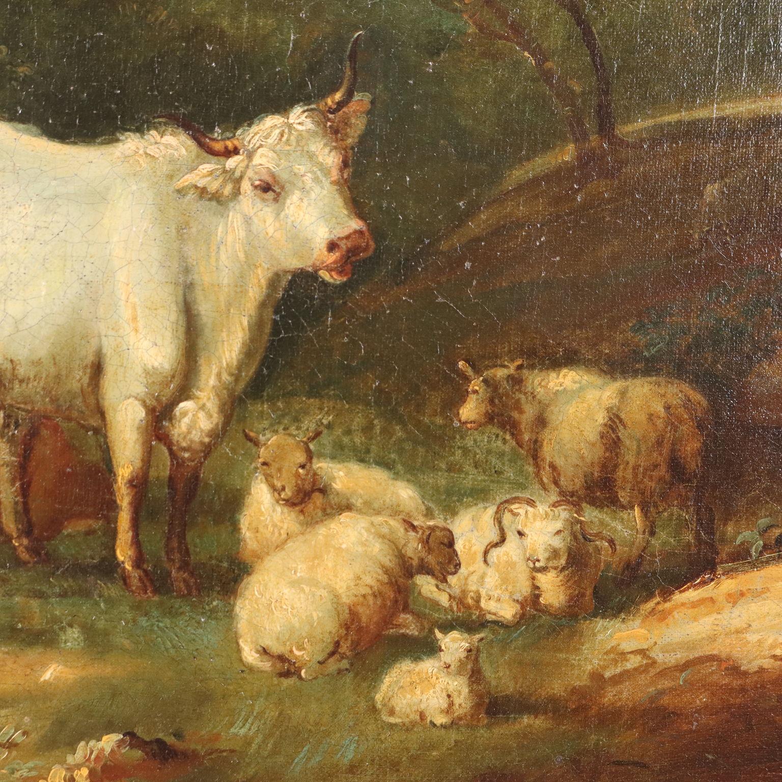 Peinture Paysage avec figures et troupeaux 18e siècle en vente 3