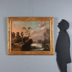 Painting: Landscape with Figures and Buildings. Oil on canvas. 18th century.