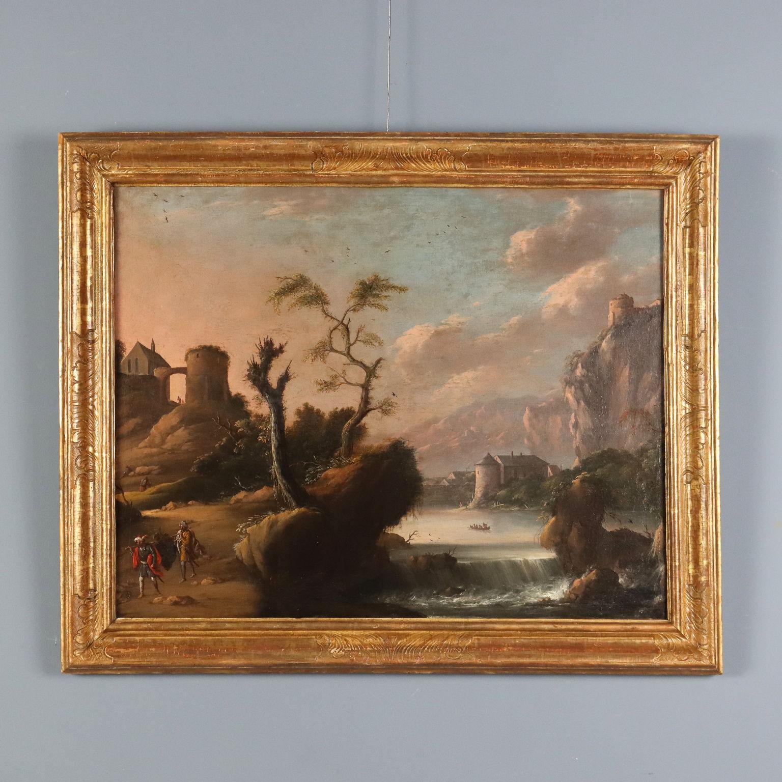 Painting: Landscape with Figures and Buildings. Oil on canvas. 18th century.