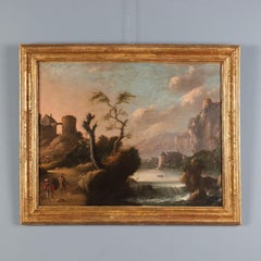 Painting: Landscape with Figures and Buildings. Oil on canvas. 18th century.