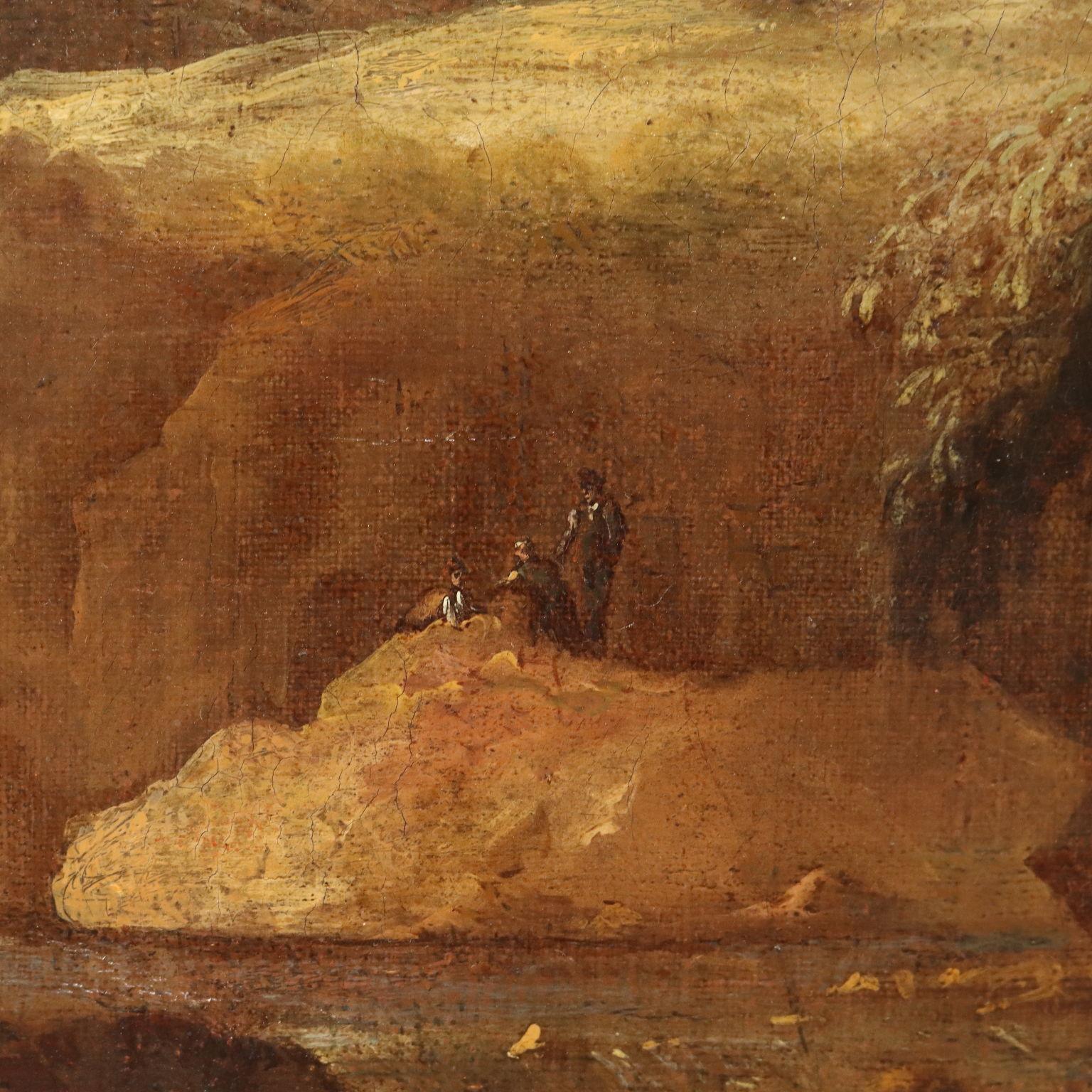 Olio su tela. Scuola italiana di fine '700 -inizio '800.
Il paesaggio di gusto romantico vede un fiume scorrere tra rive rocciose sormontate da alberi frondosi; sulla riva, in primo piano a sinistra, due pescatori gettano la lenza in una polla