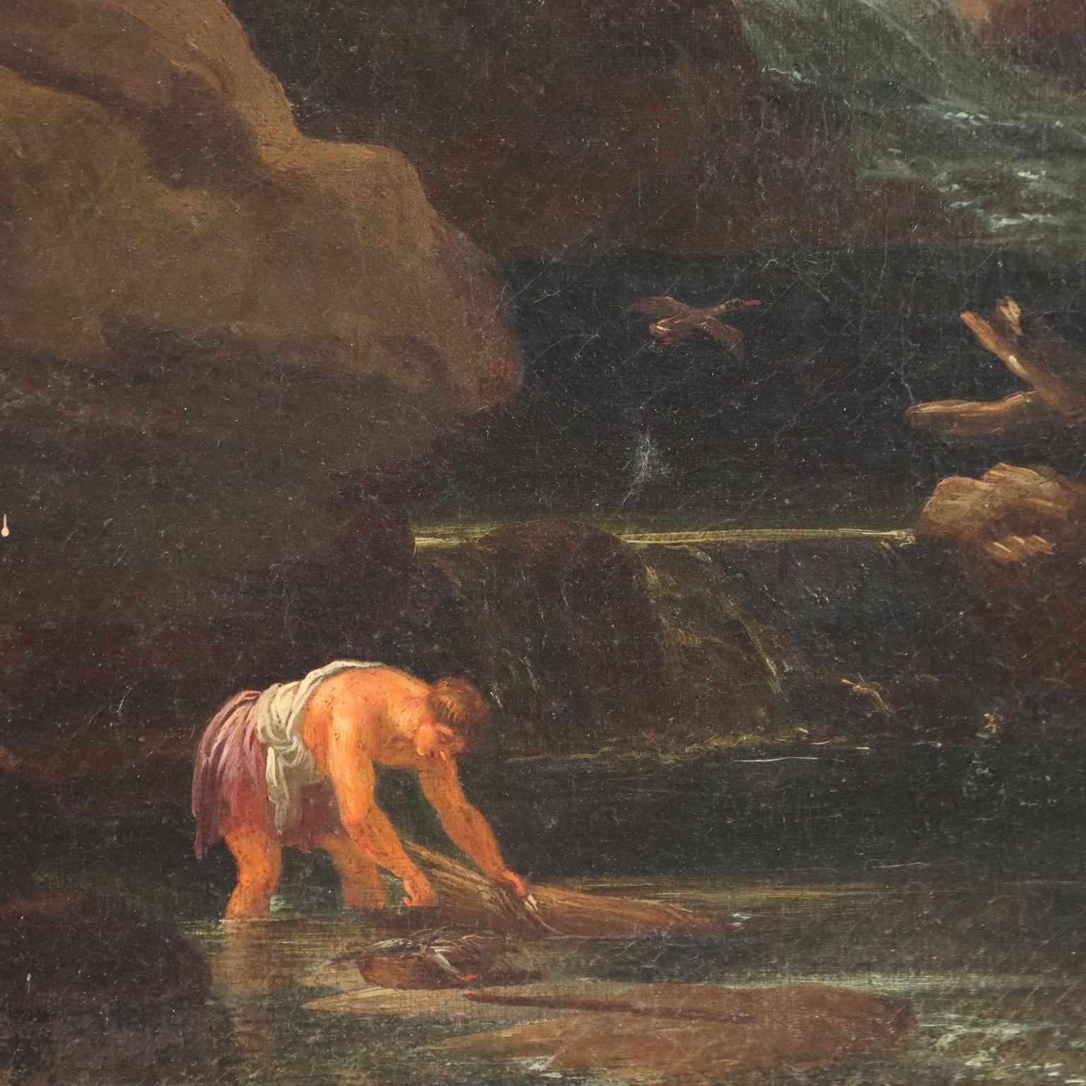 Olio su tela. Scuola veneta di fine '600- inizio '700.
All' interno di un grande paesaggio classico, ricco di vegetazione e con atmosfere rosate, si trova un piccolo manipolo di soldati: alcuni, a riposo sopra un roccione affacciato su un corso