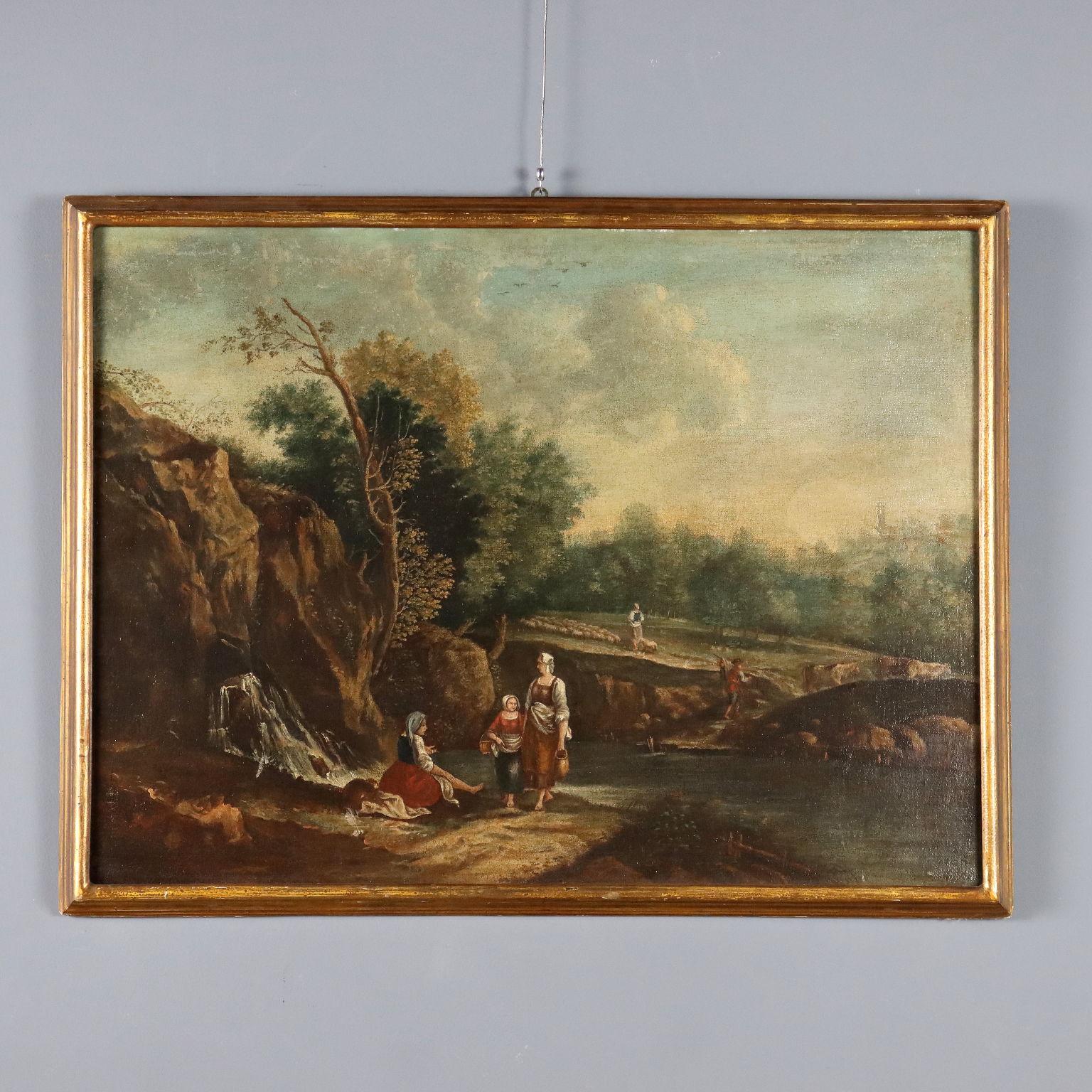 Peinture Paysage avec figures Huile sur toile. XVIIIe siècle