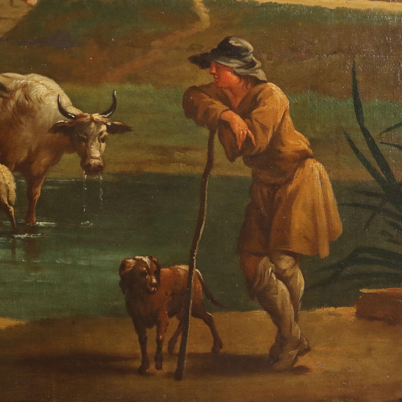 Olio su tela. Scuola centro-europea del XIX secolo.
La grande scena è ambientata presso le rive di un fiume, che scorre in prossimità di un villaggio ed è traversato da un ponticello in legno.
Sulle rive, in primo piano, una donna lava i panni, un