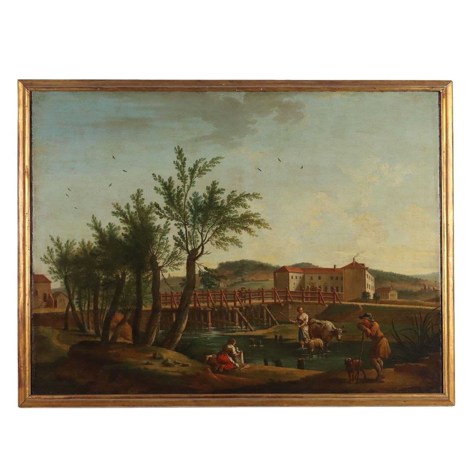 Landscape Painting di Unknown - Dipinto Paesaggio con Figure XIX secolo