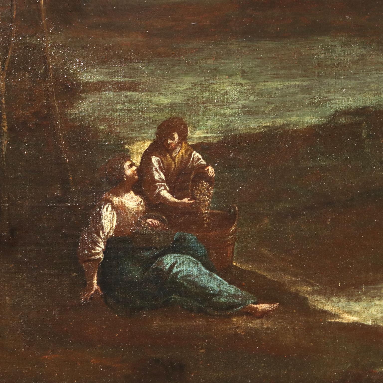Öl auf Leinwand. Norditalienische Schule des 18. Jahrhunderts.
Die Landschaft am Ufer eines breiten Flusses zeigt in der Mitte mehrere Figuren von Bauern, die Früchte von einem Baum pflücken: ein Mädchen hält eine Leiter, während der Junge einen