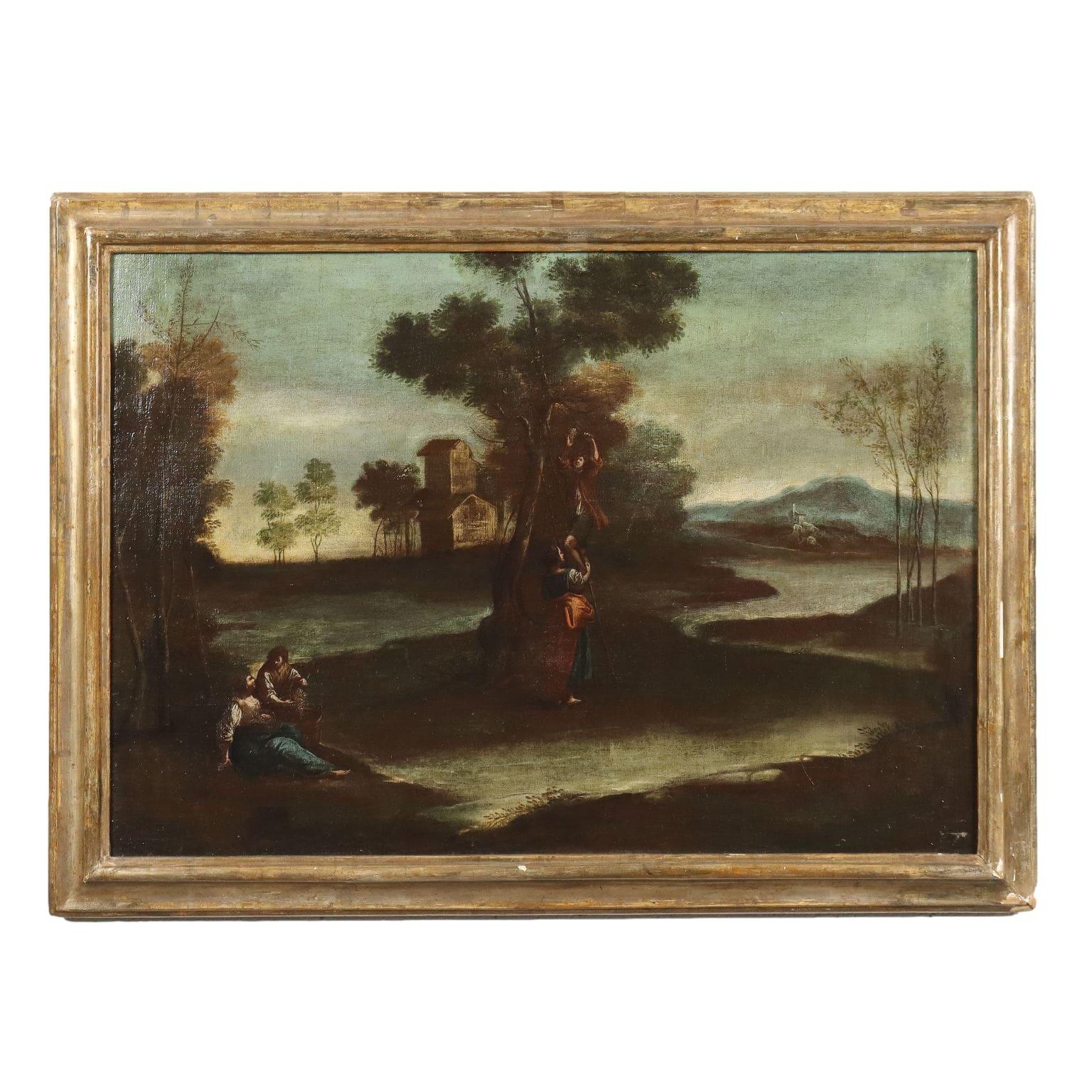 Unknown Landscape Painting - Dipinto Paesaggio con Figure, XVIII secolo