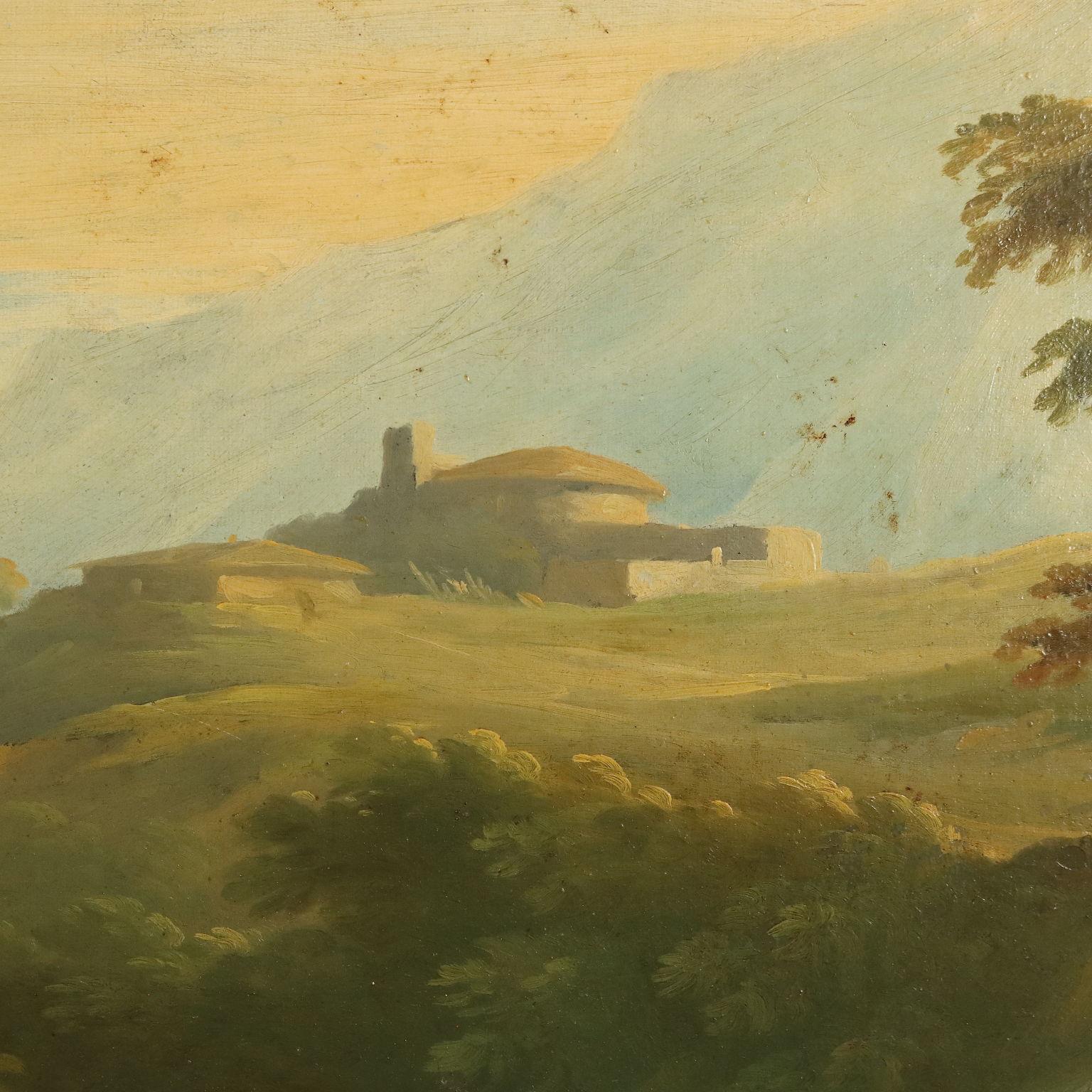 Pintura de paisaje con lavanderas en el río Siglos XVIII-XIX 3