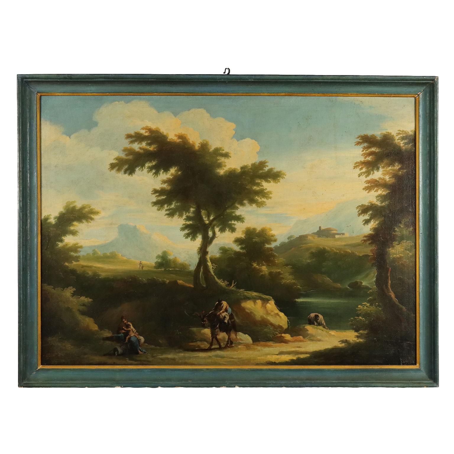 Unknown Landscape Painting - Dipinto Paesaggio con Lavandaie al Fiume XVIII-XIX secolo