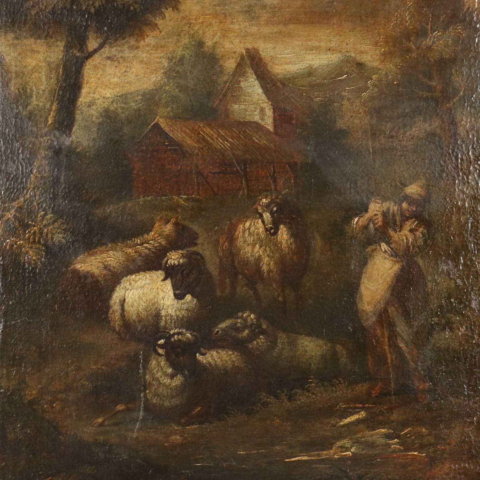 Dipinto Paesaggio con Pastore e Pecore XVIII secolo (Sonstige Kunststile), Painting, von Unknown