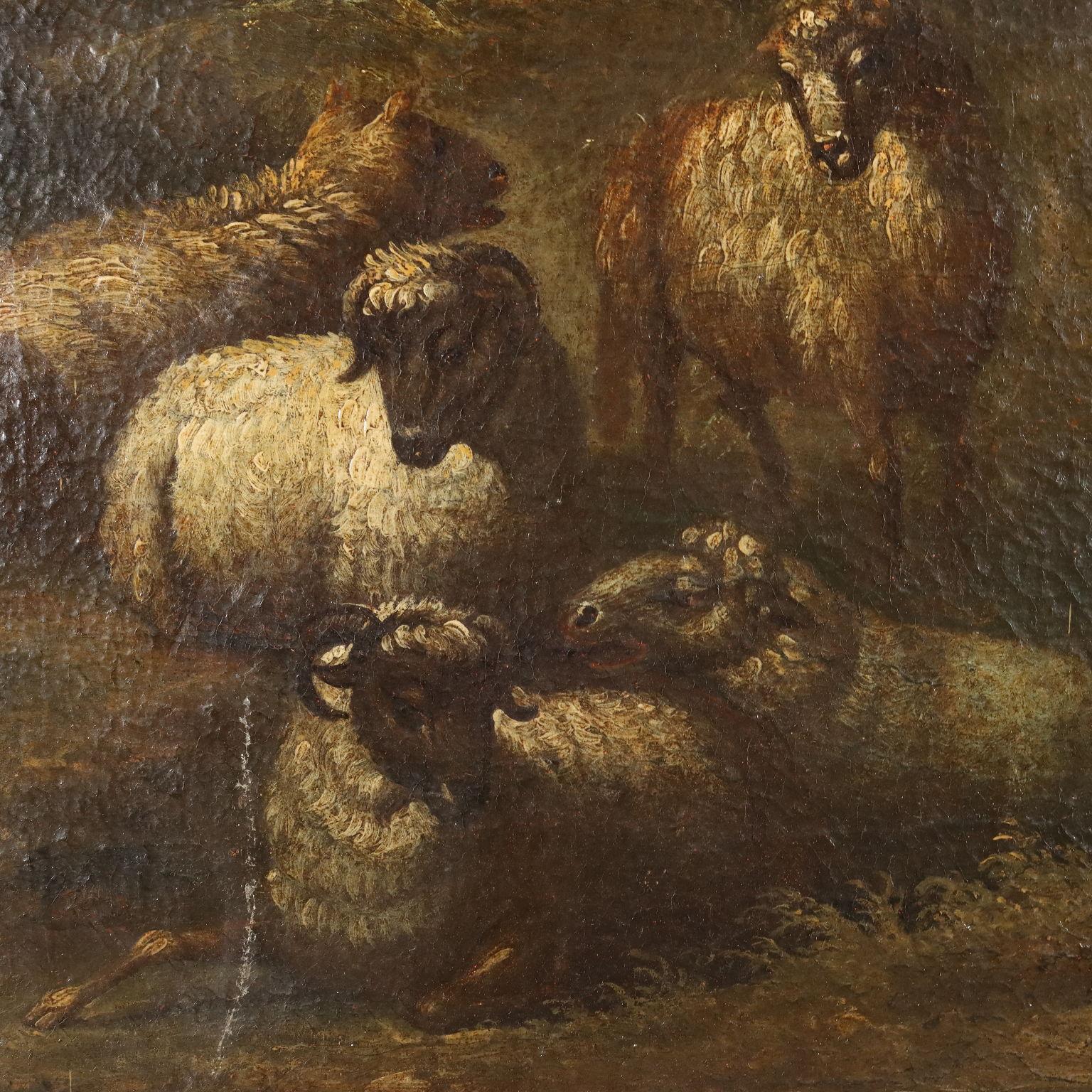 Dipinto Paesaggio con Pastore e Pecore XVIII secolo (Brown), Landscape Painting, von Unknown