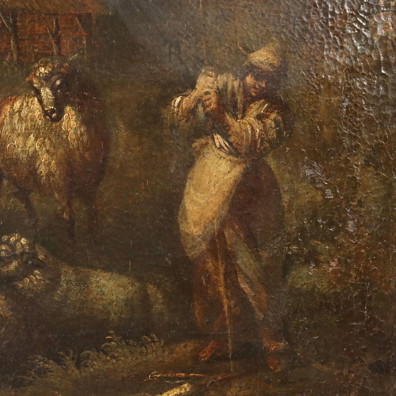 Olio su tela. Scuola centro-europea del XVIII secolo.
Al centro della scena, inserito in un paesaggio ricco di vegetazione, sta un pastore con il suo gregge di pecore, colti in un momento di riposo; alle loro spalle il casolare con la stalla.
Sul