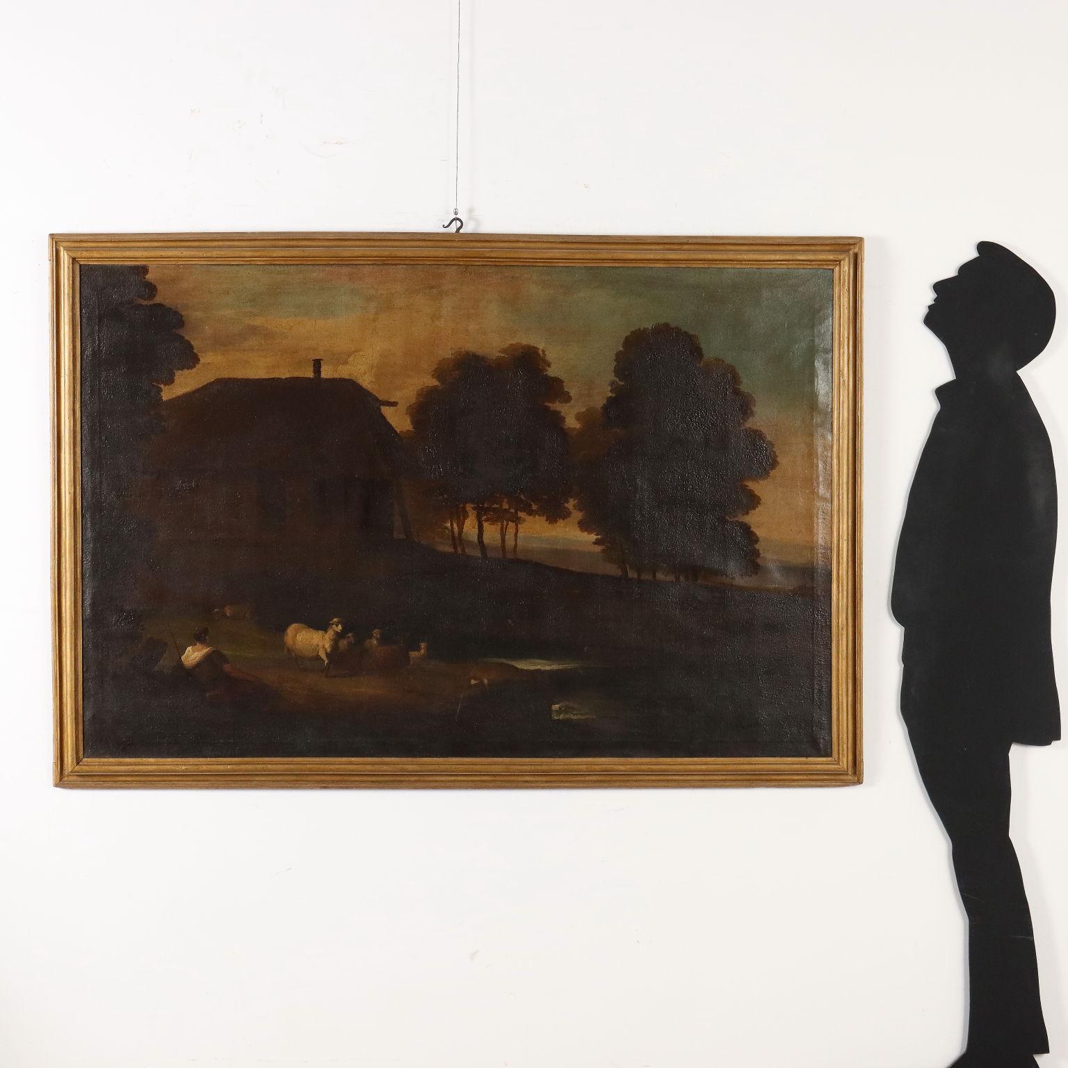 Pintura de paisaje con pastora y ovejas finales del siglo XVIII - Painting de Unknown