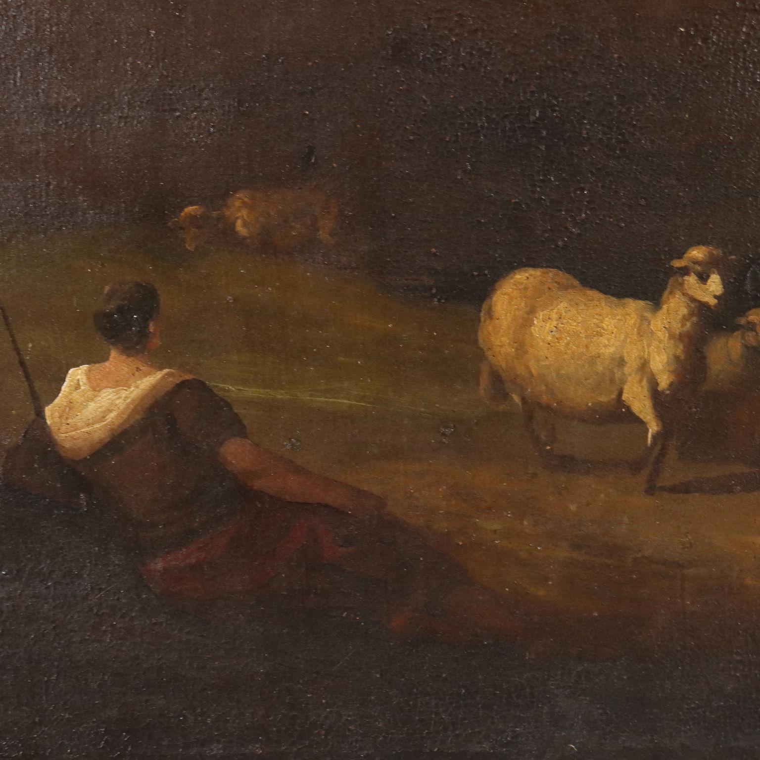 Pintura de paisaje con pastora y ovejas finales del siglo XVIII - Landscape Painting Brown de Unknown