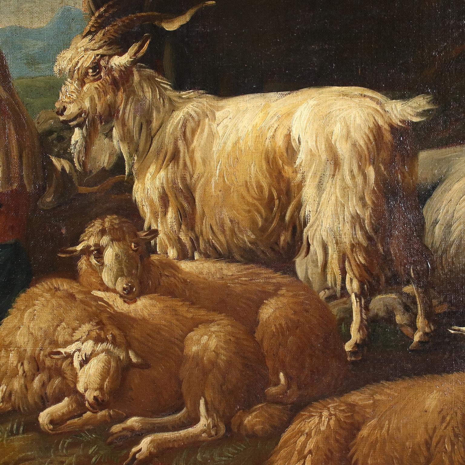 Óleo sobre lienzo. 
La gran escena, ambientada en una campiña de colinas, con un pueblo y ruinas al fondo a la izquierda, está completamente ocupada por el compacto grupo de numerosas figuras vivientes: sentada en el centro, la familia del pastor,
