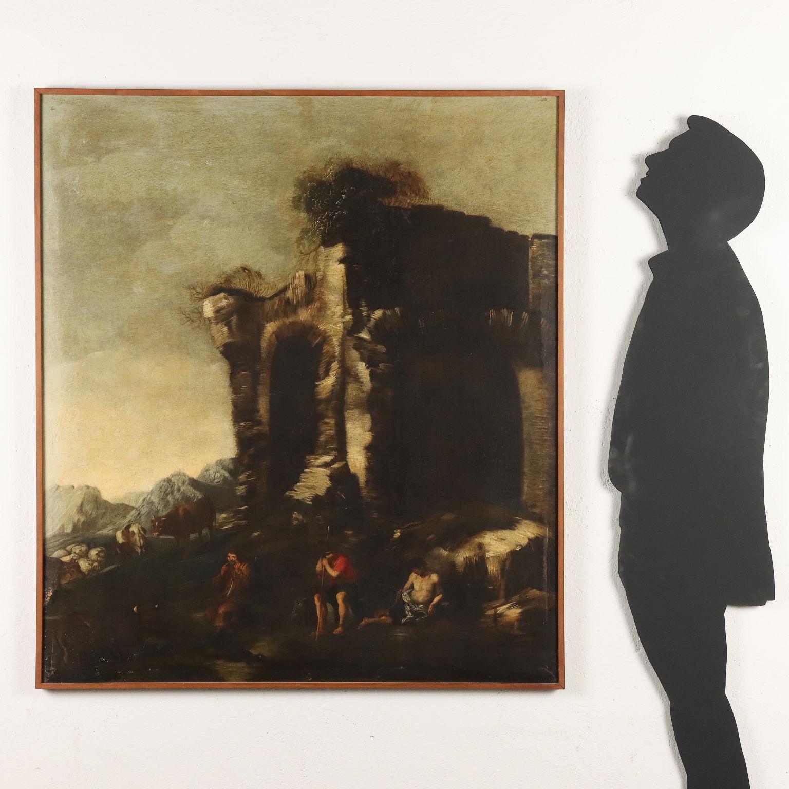 Gemälde Landschaft mit Ruinen und Figuren 18. Jahrhundert – Painting von Unknown