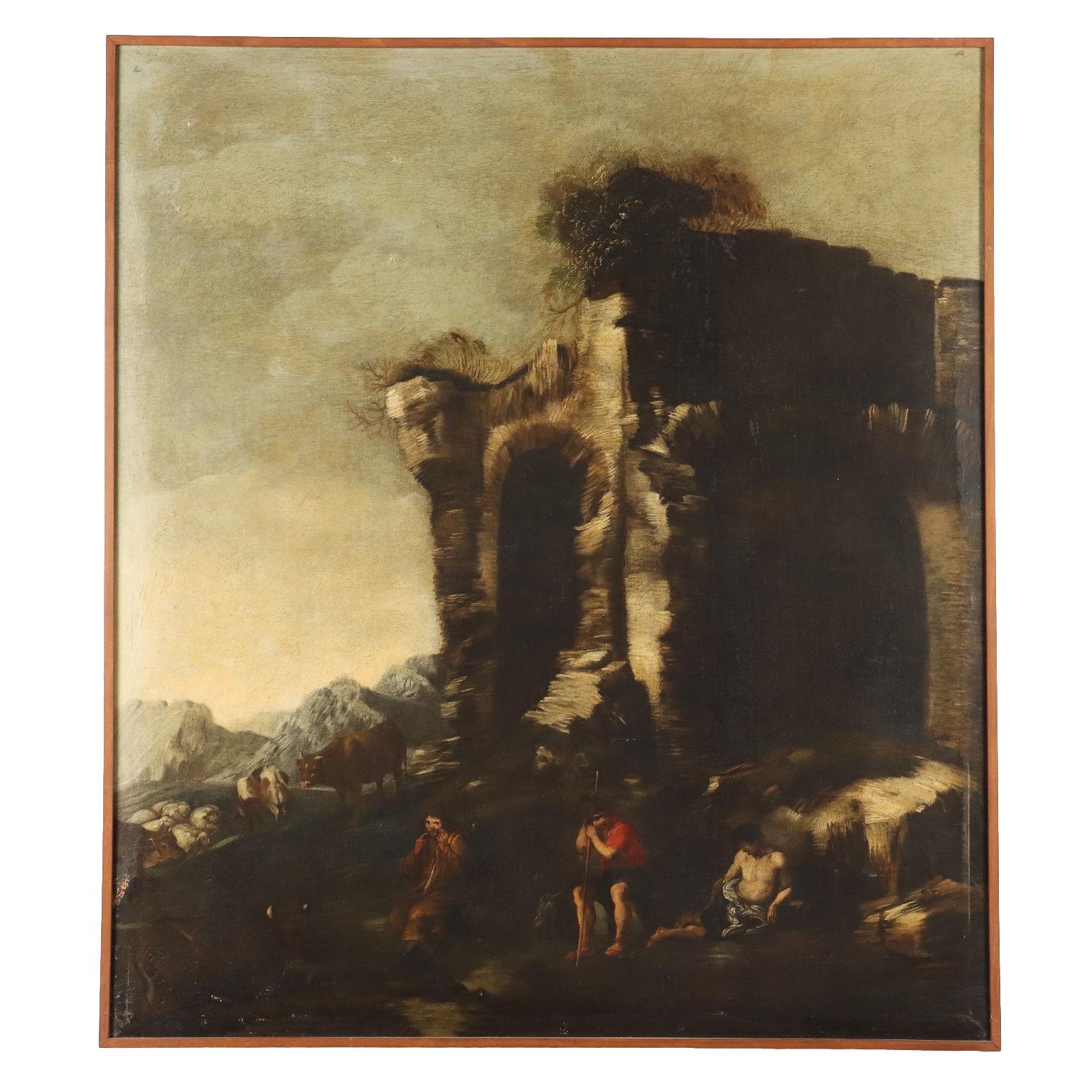 Unknown Landscape Painting – Gemälde Landschaft mit Ruinen und Figuren 18. Jahrhundert