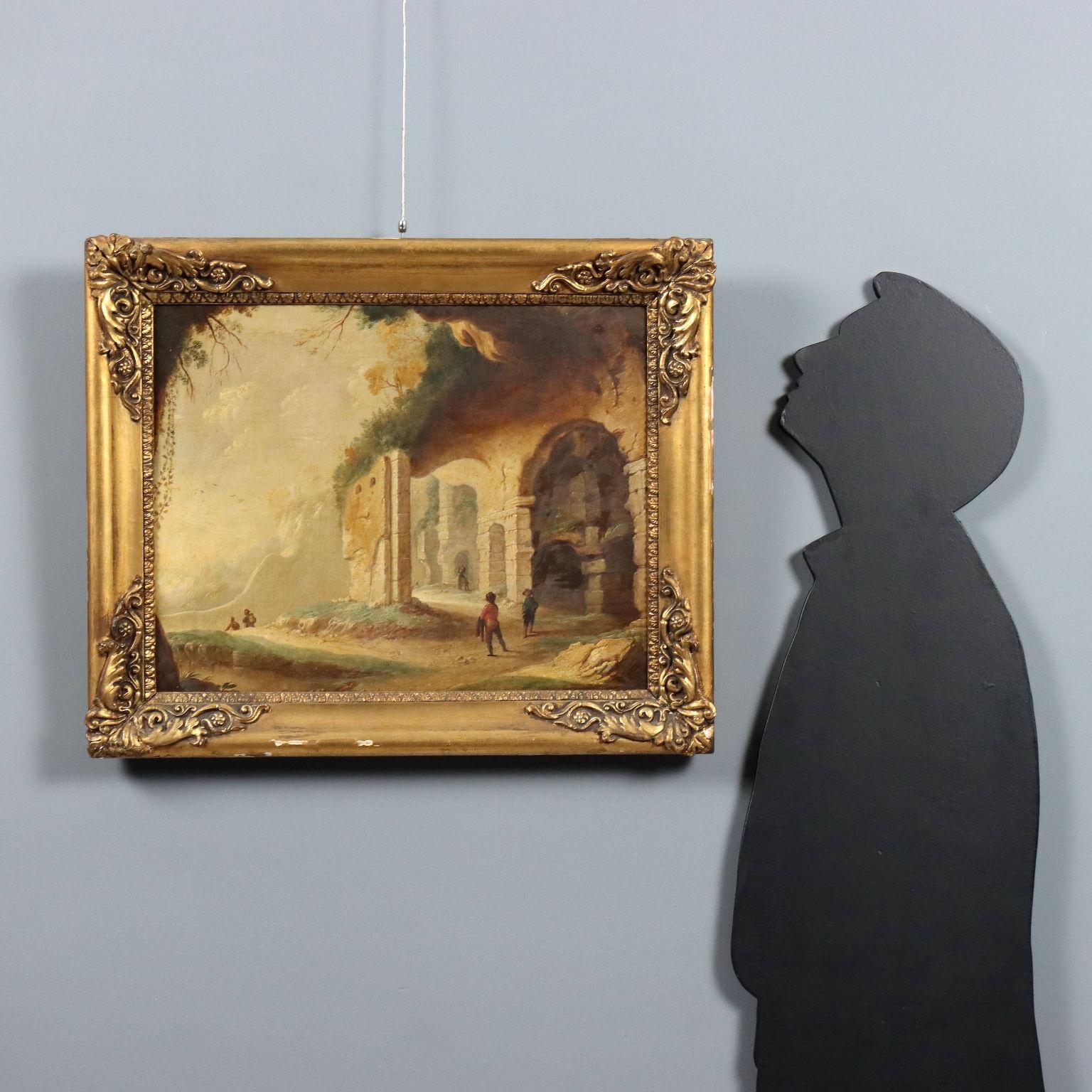 Dipinto Paesaggio con Rovine e Personaggi XVIII secolo – Painting von Unknown