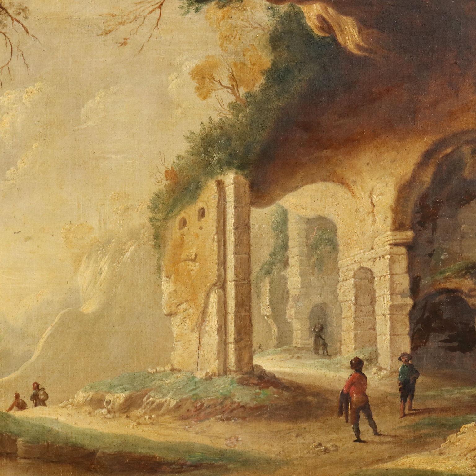 Dipinto Paesaggio con Rovine e Personaggi XVIII secolo (Sonstige Kunststile), Painting, von Unknown