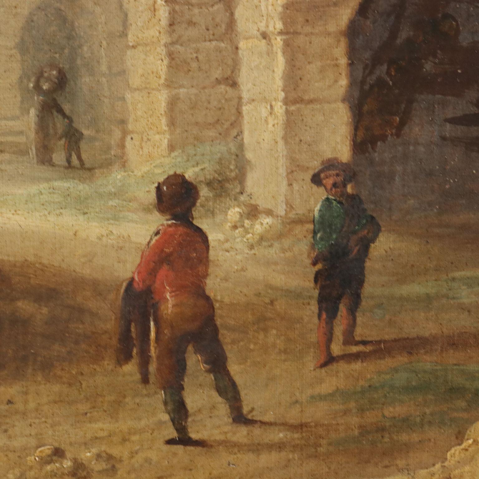 Dipinto Paesaggio con Rovine e Personaggi XVIII secolo (Brown), Landscape Painting, von Unknown