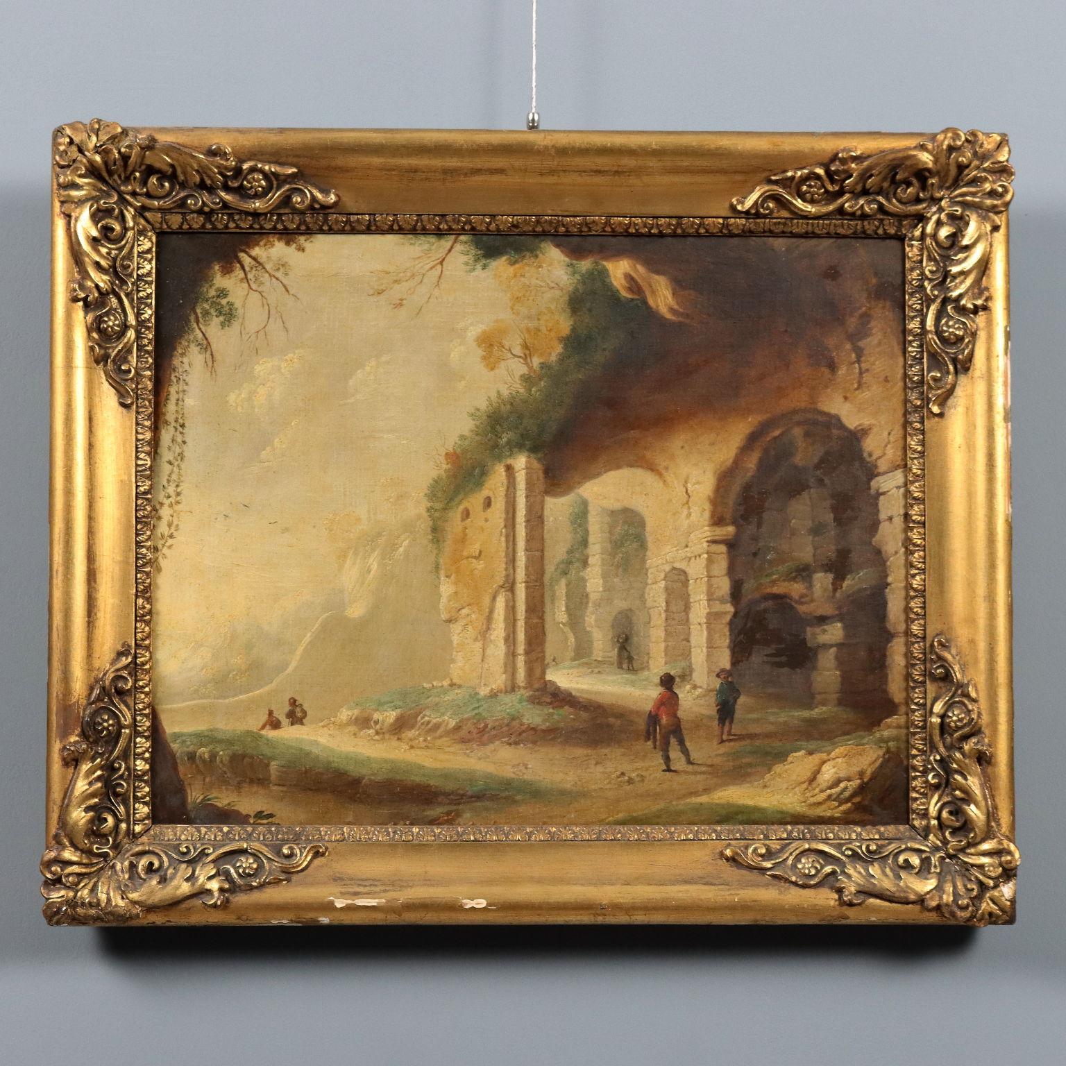 Dipinto Paesaggio con Rovine e Personaggi XVIII secolo